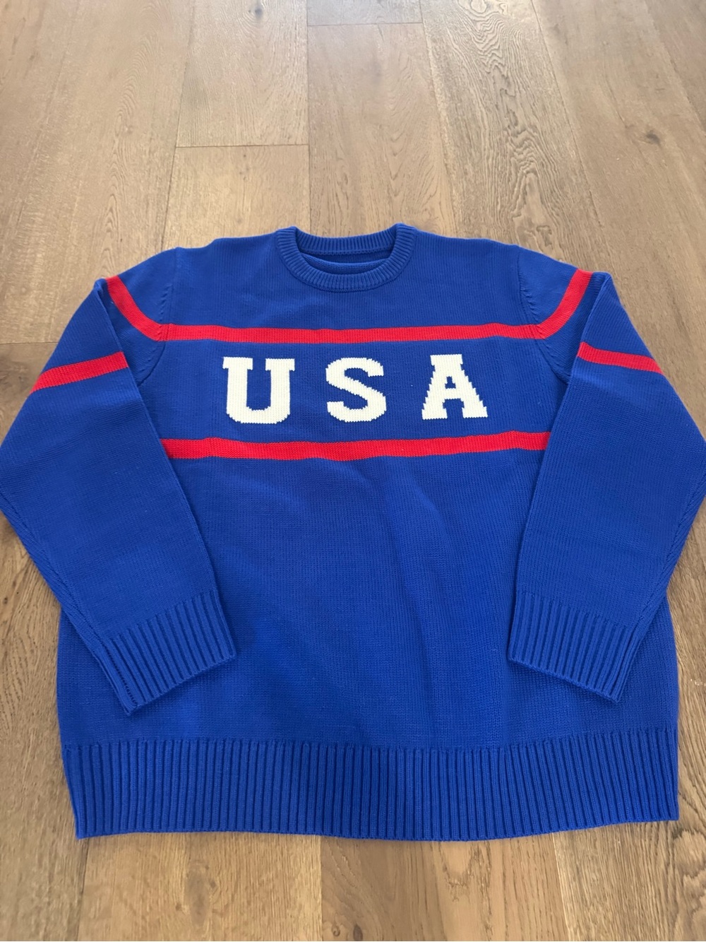USA Blue Crewneck Sweater with Red Stripes
